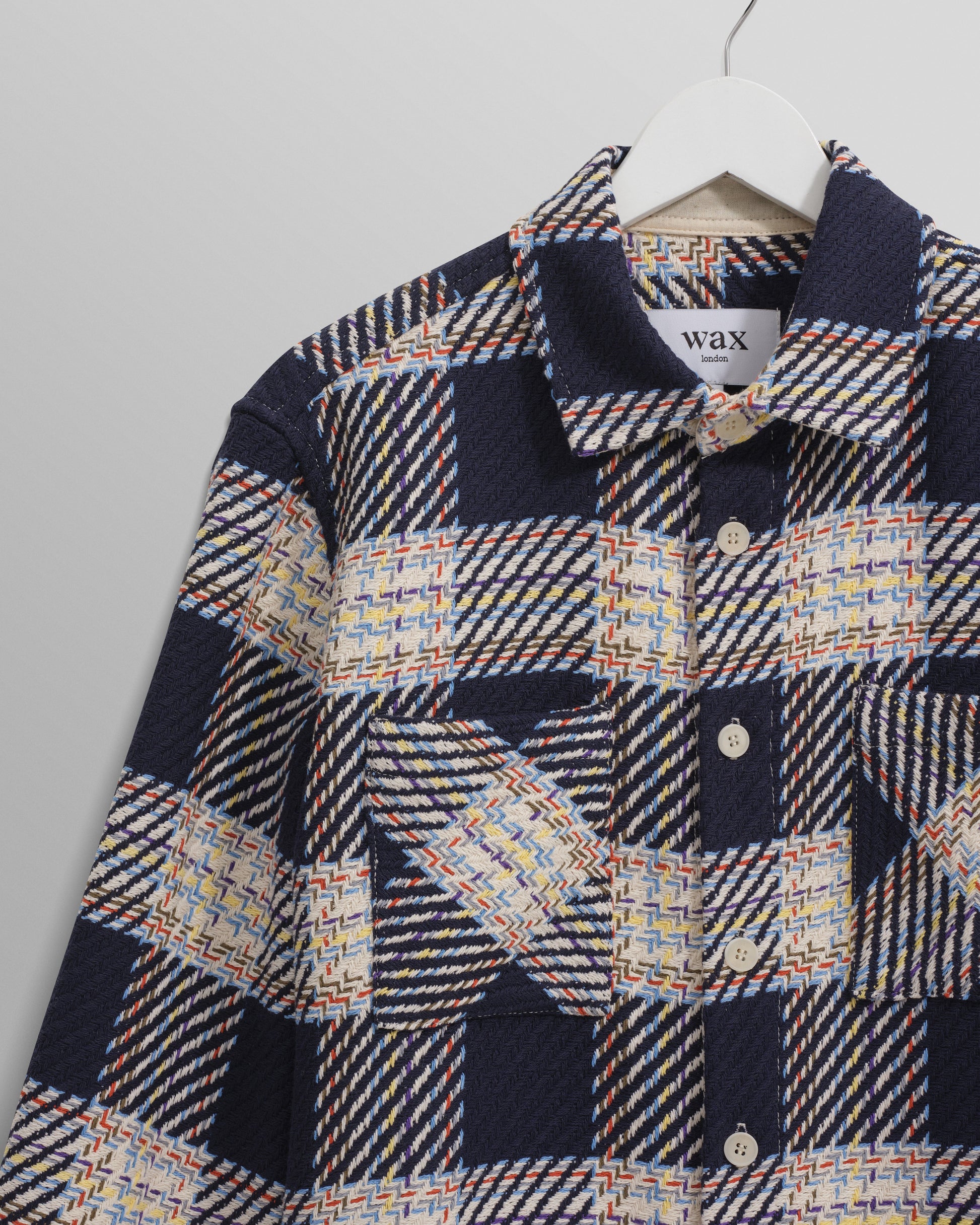 wax london men's Whiting - Navy And Multicolour Hutton Check Overshirt