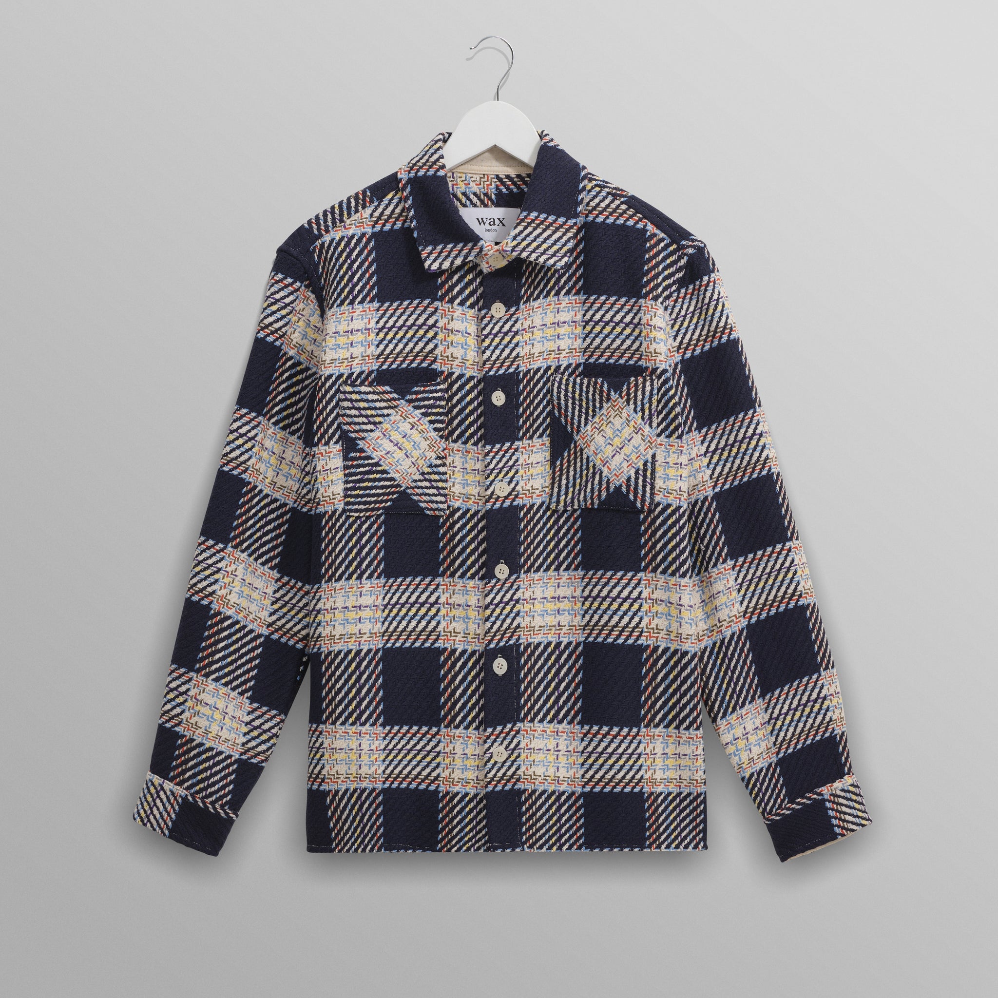 wax london men's Whiting - Navy And Multicolour Hutton Check Overshirt