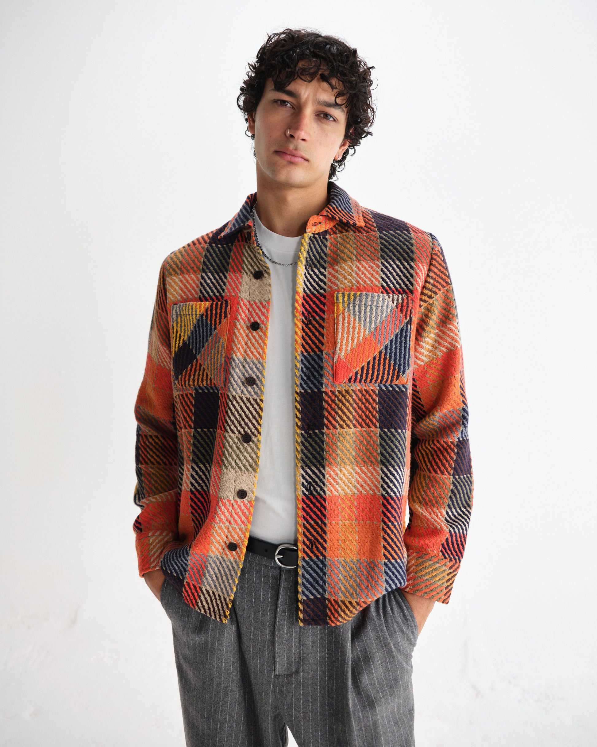 wax london men's Whiting - Orange Pike Check Overshirt
