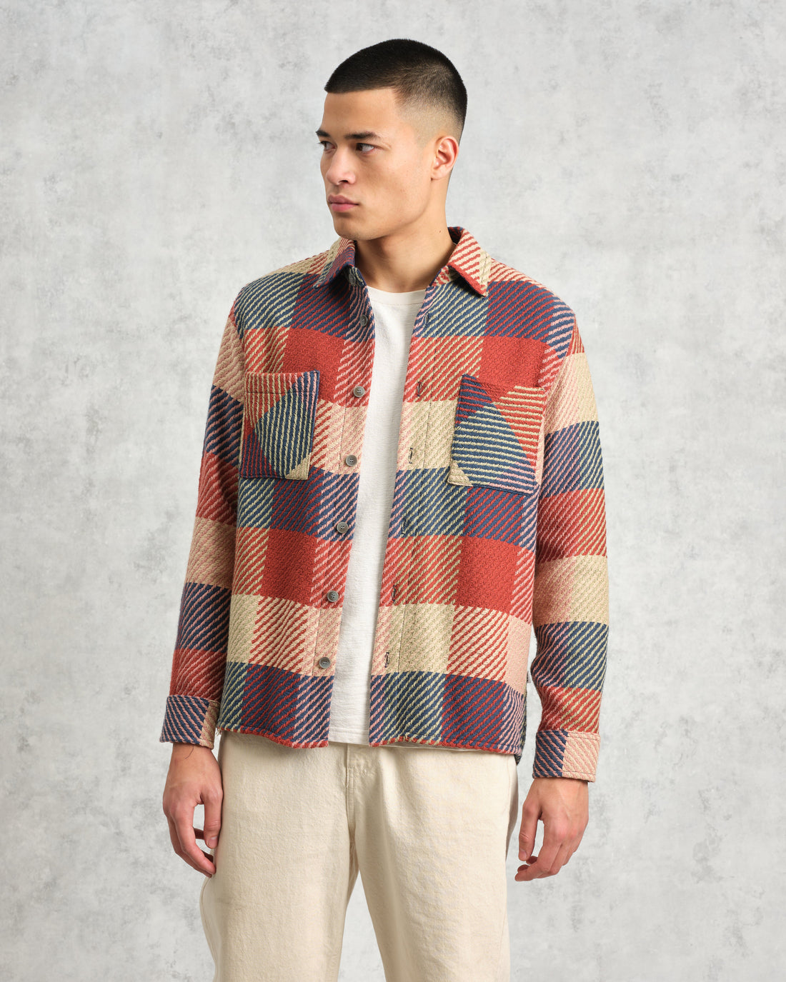 wax london men's Whiting - Red And Multicolour Block Check Overshirt