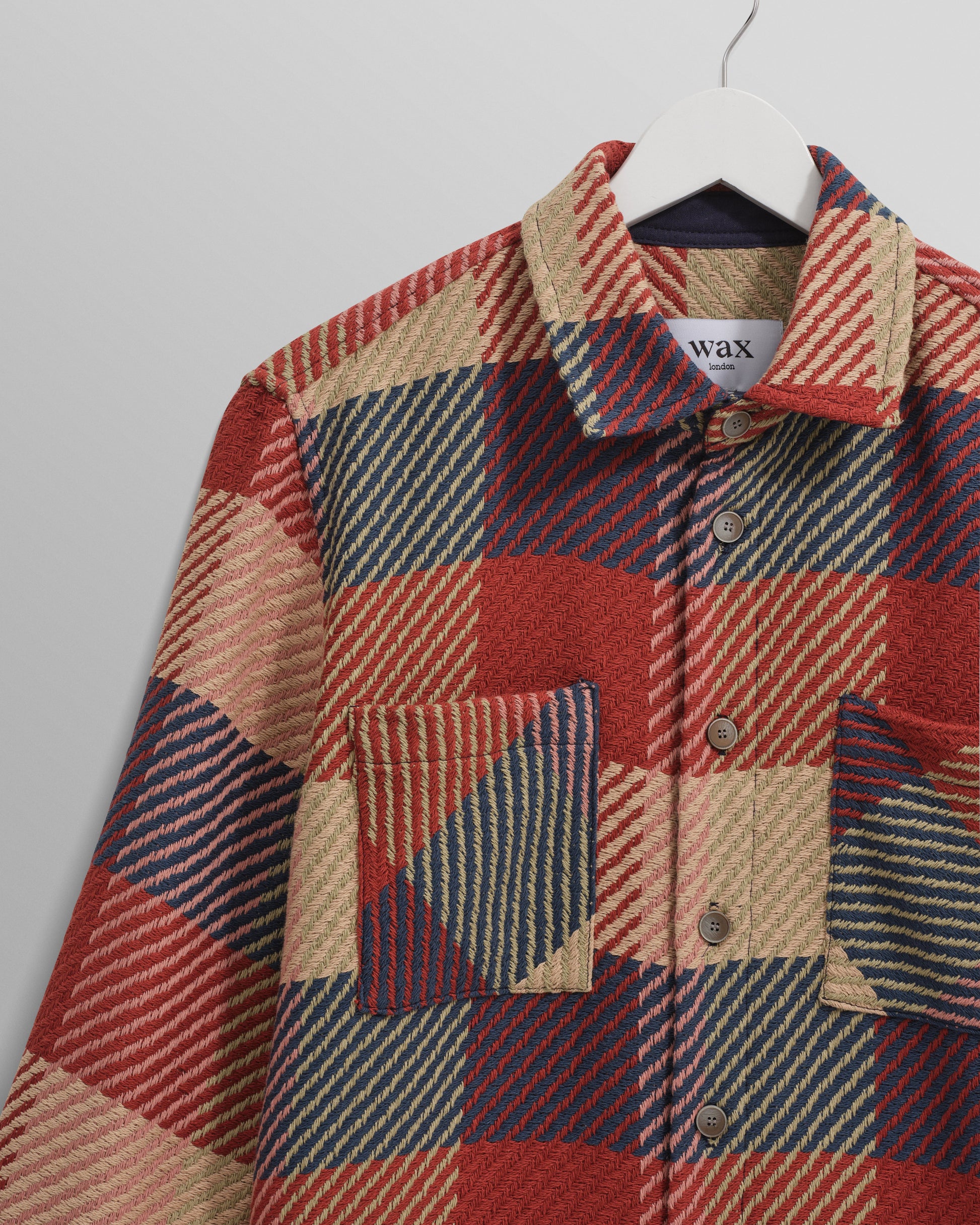 wax london men's Whiting - Red And Multicolour Block Check Overshirt