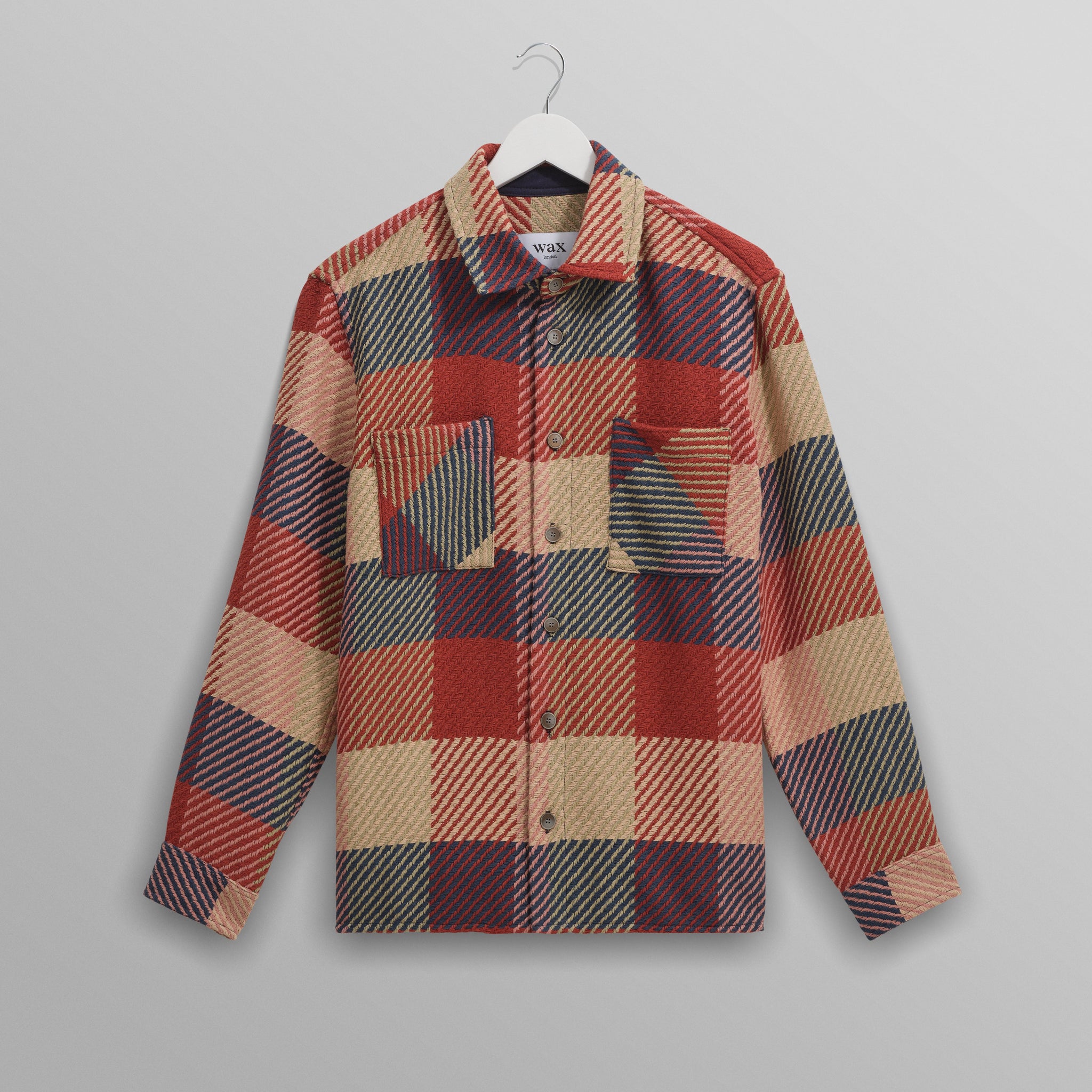 wax london men's Whiting - Red And Multicolour Block Check Overshirt