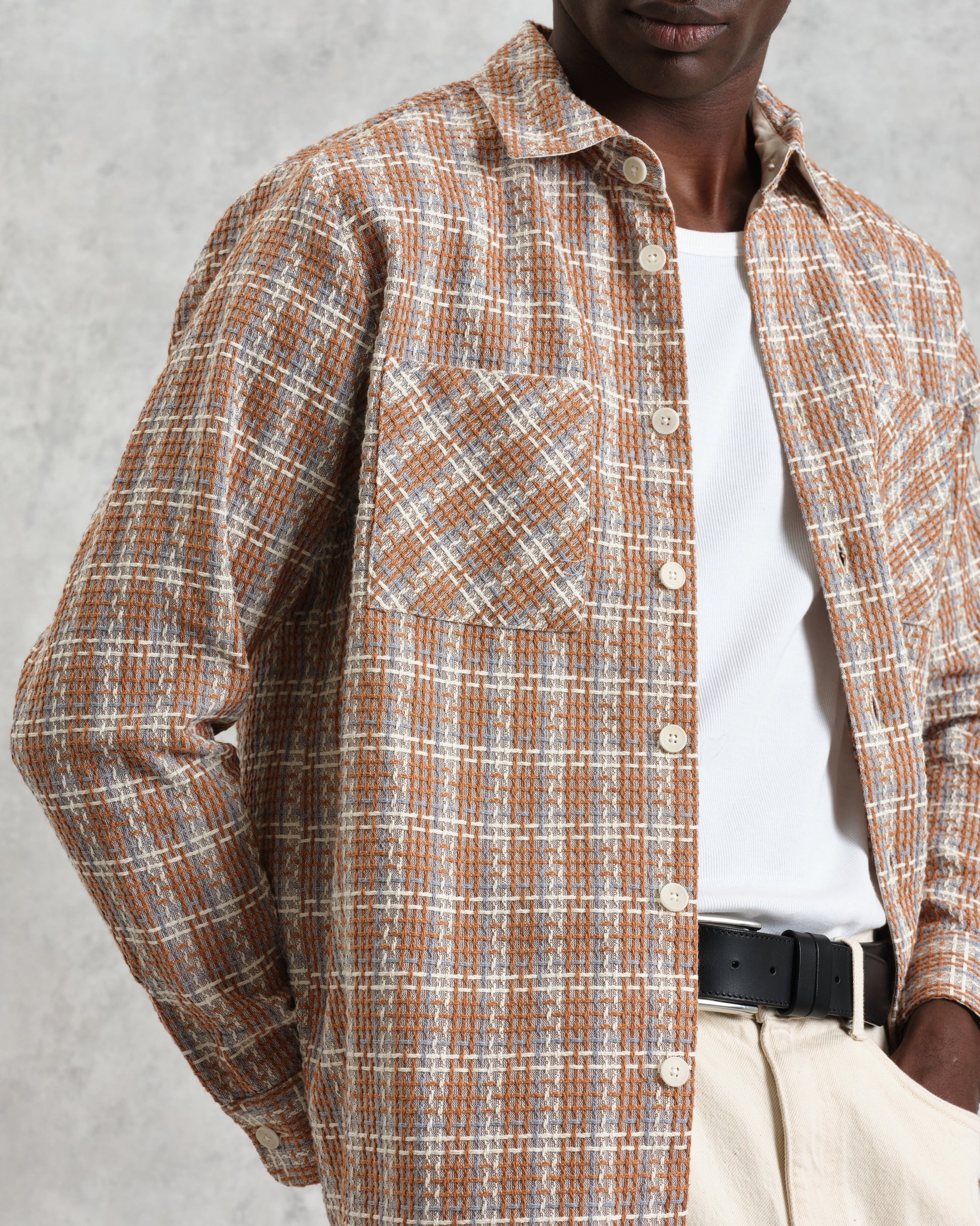 wax london men's Whiting - Tan And Multicolour Ladder Check Overshirt