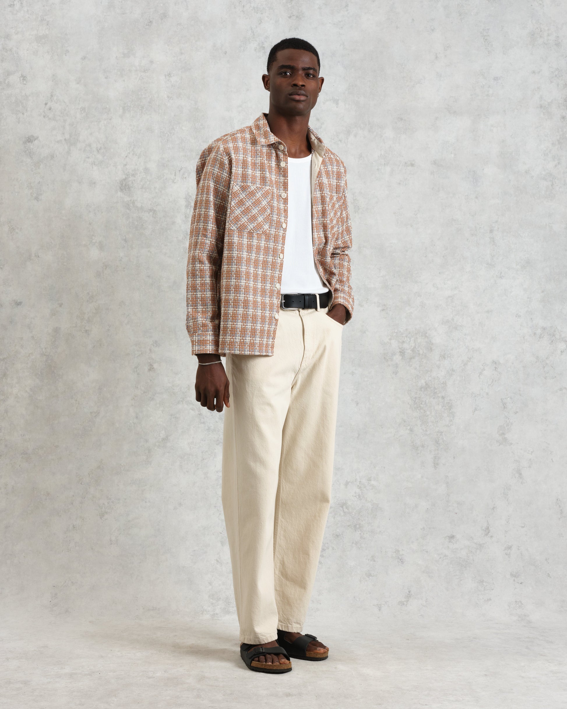 wax london men's Whiting - Tan And Multicolour Ladder Check Overshirt
