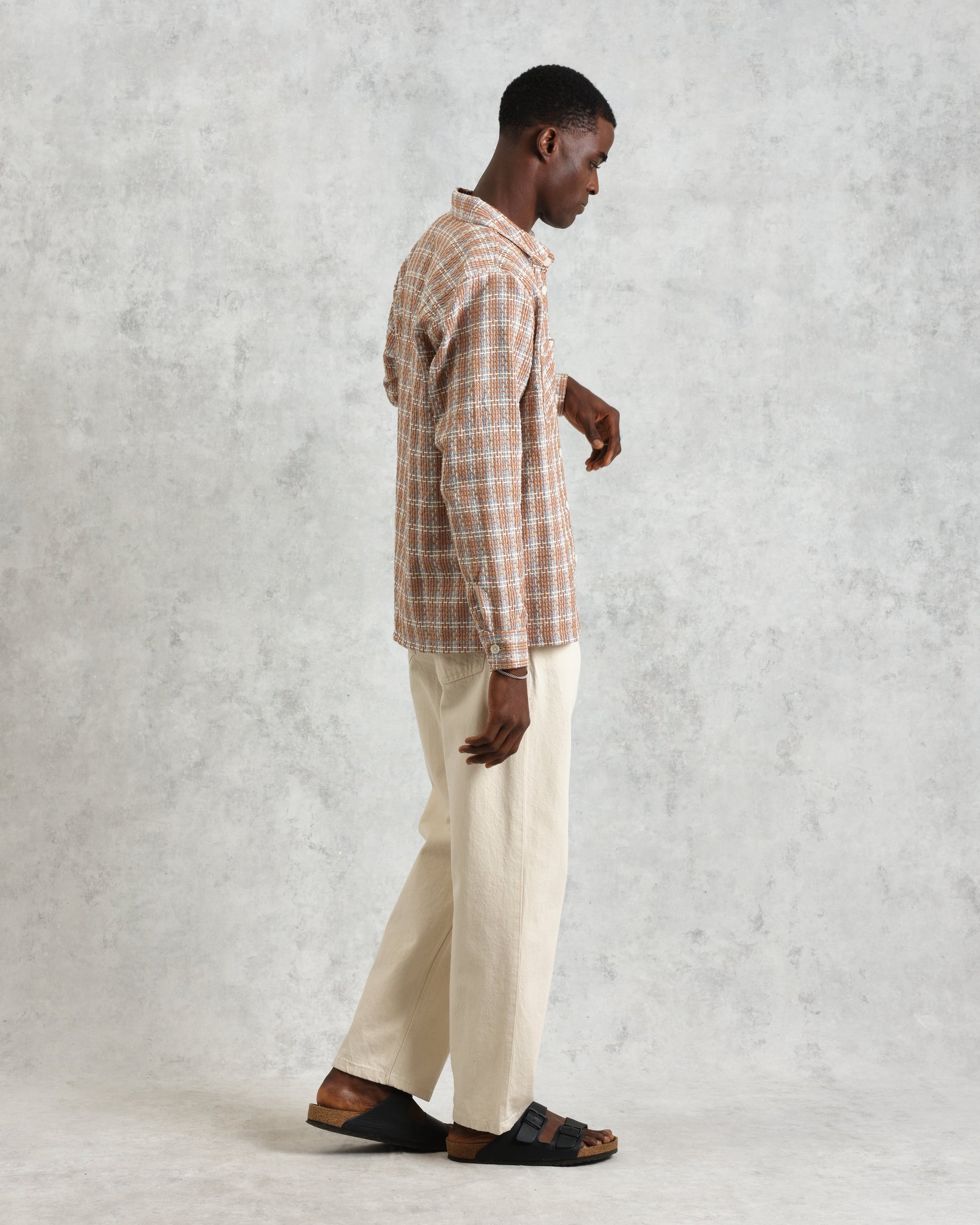 wax london men's Whiting - Tan And Multicolour Ladder Check Overshirt