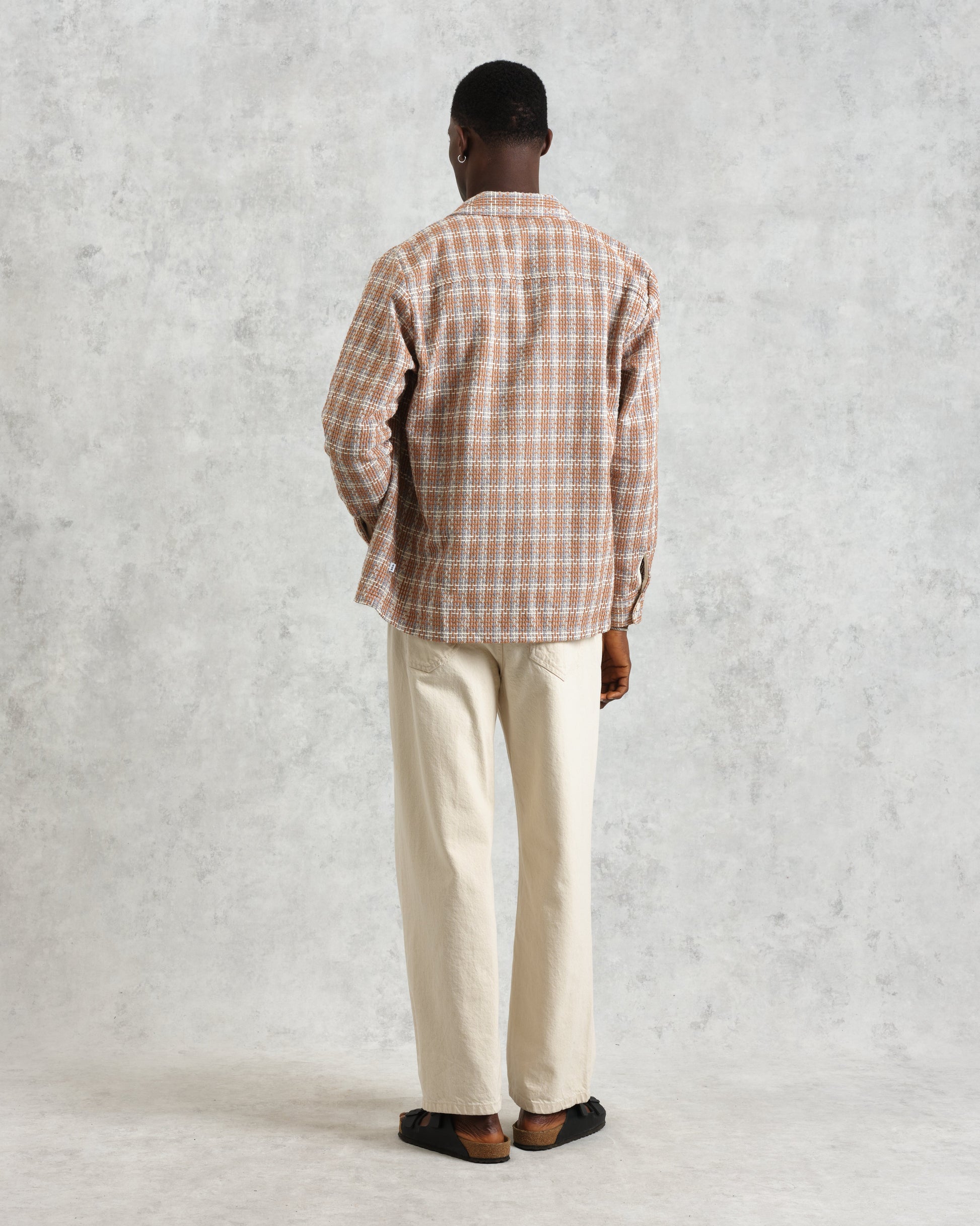 wax london men's Whiting - Tan And Multicolour Ladder Check Overshirt