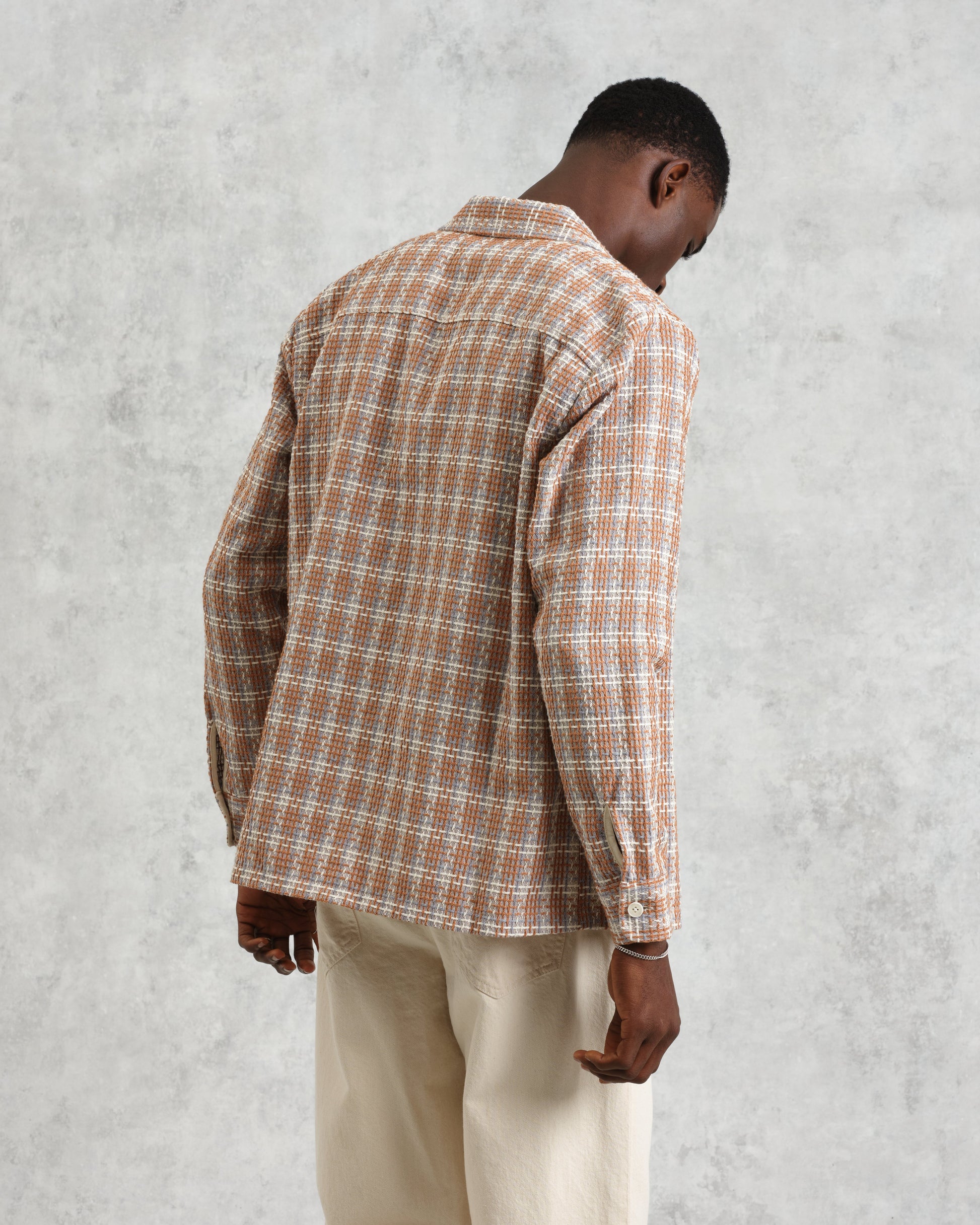 wax london men's Whiting - Tan And Multicolour Ladder Check Overshirt