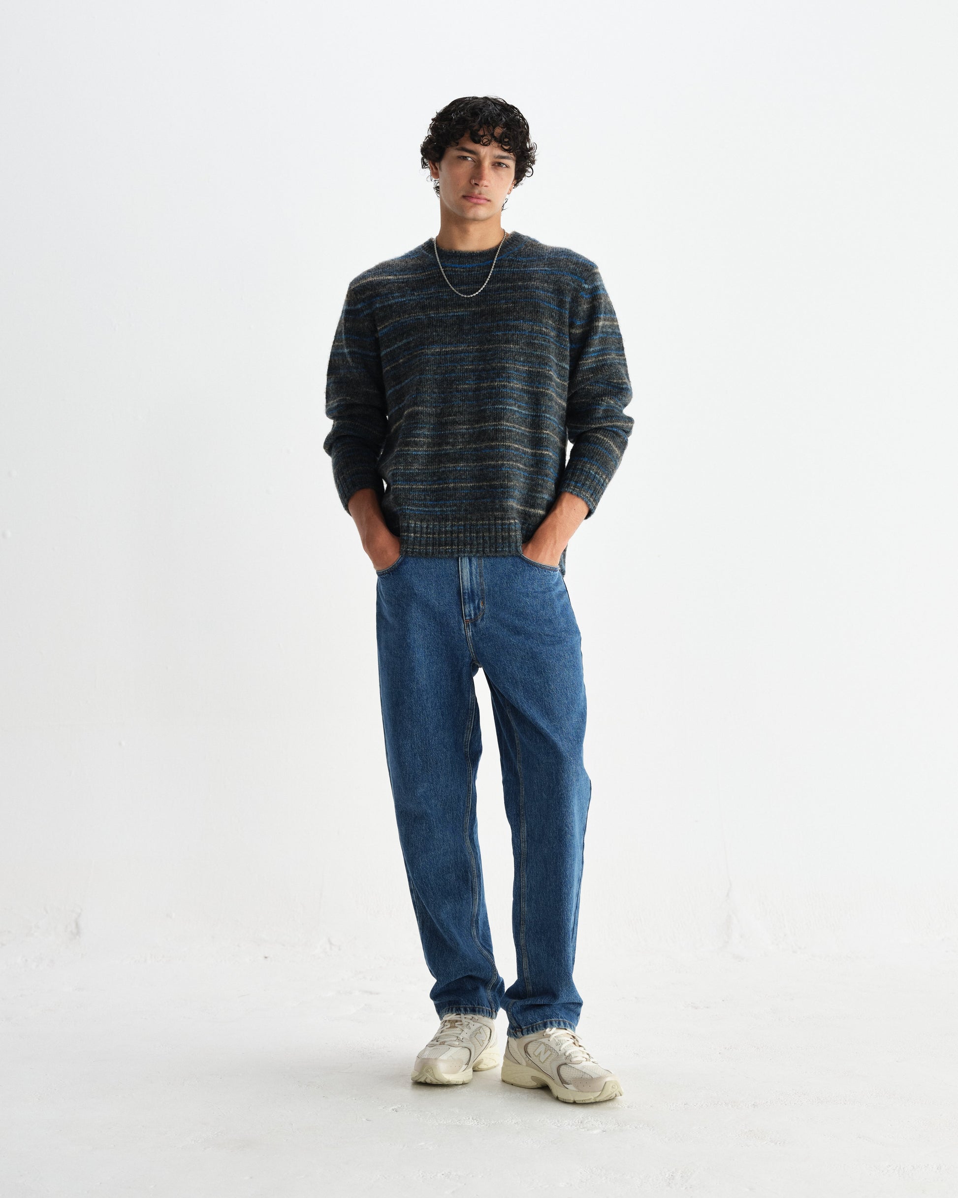 wax london men's Wilde - Grey And Teal Space Dye Wool Crewneck