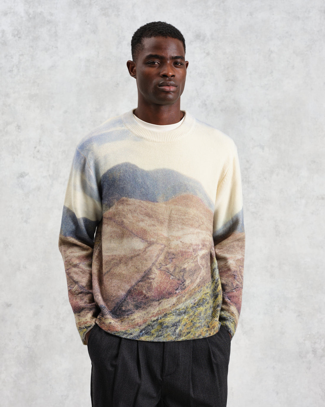 wax london men's Wilde - Natural Landscape Print Wool Jumper