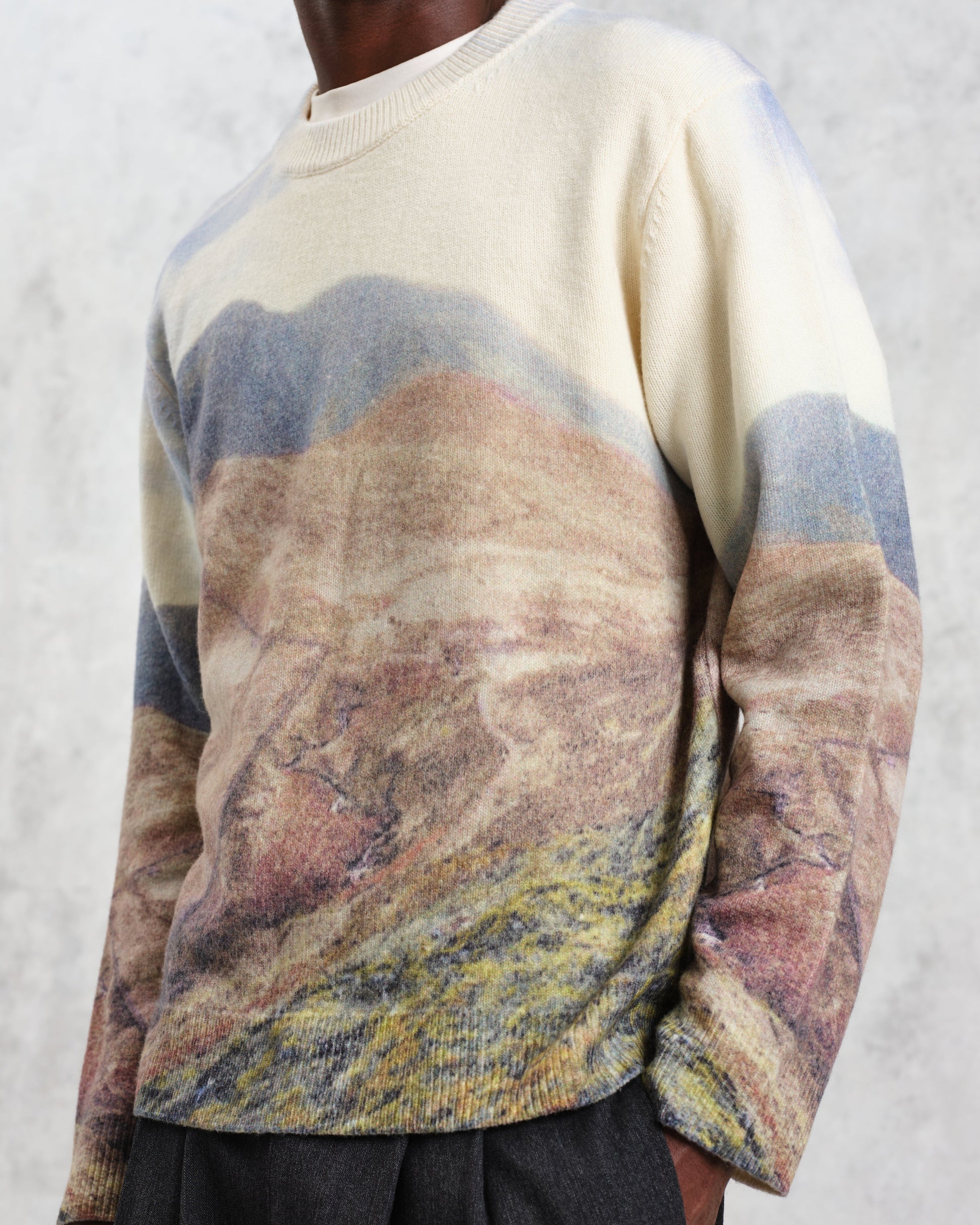 wax london men's Wilde - Natural Landscape Print Wool Jumper