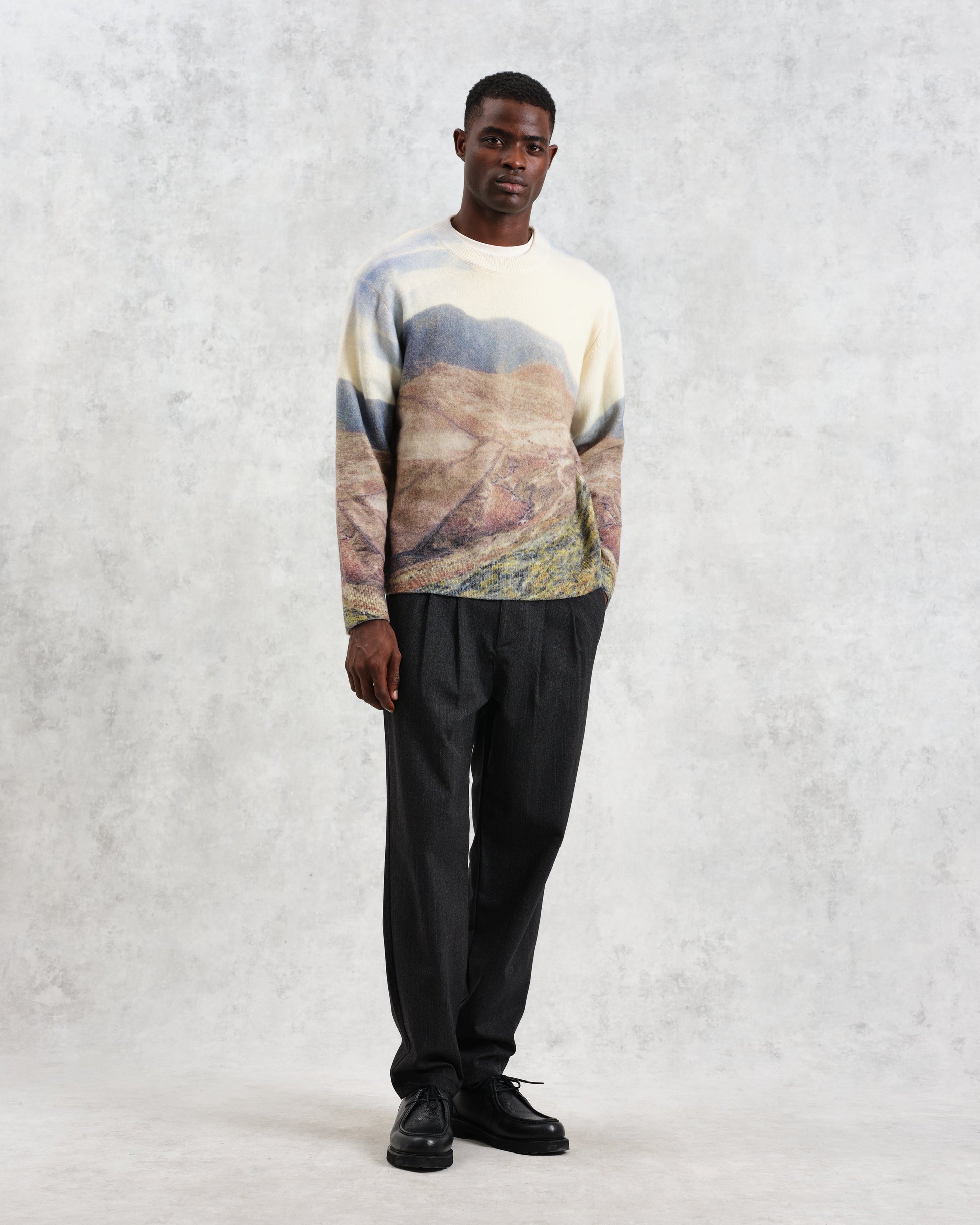 wax london men's Wilde - Natural Landscape Print Wool Jumper