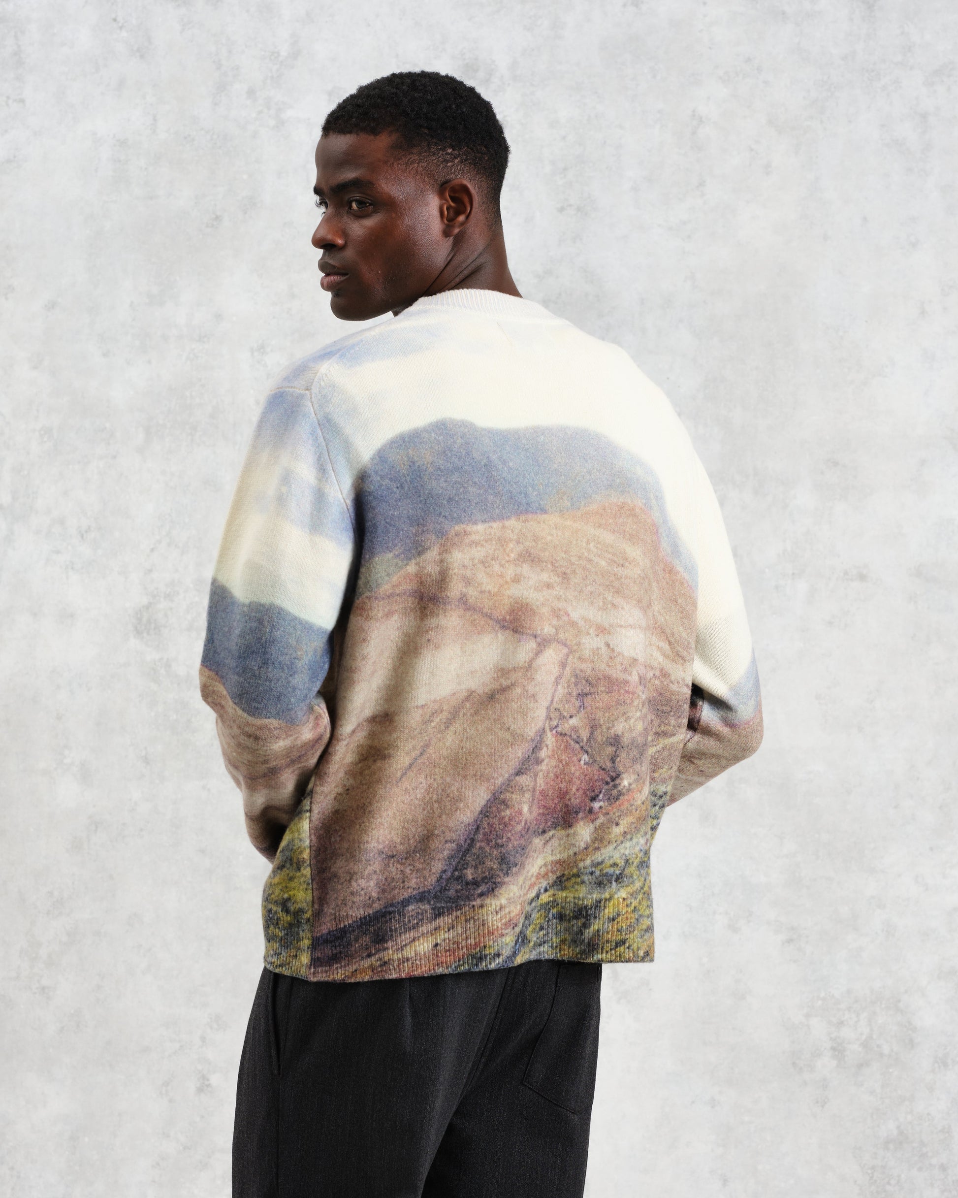 wax london men's Wilde - Natural Landscape Print Wool Jumper