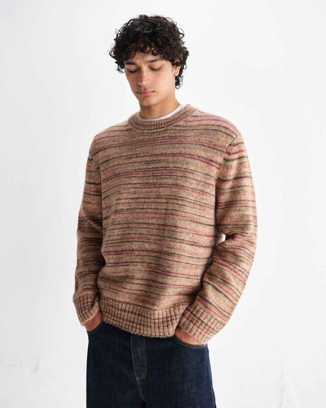 wax london men's Wilde - Pink And Brown Space Dye Wool Crewneck